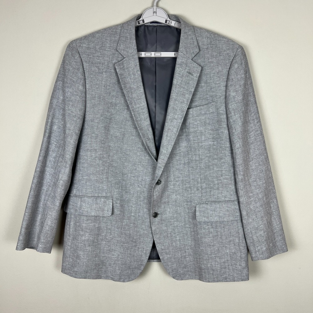 Stafford Sport Coat‎ Mens 48 Regular Gray Linen Cotton Classic Fit Herringbone